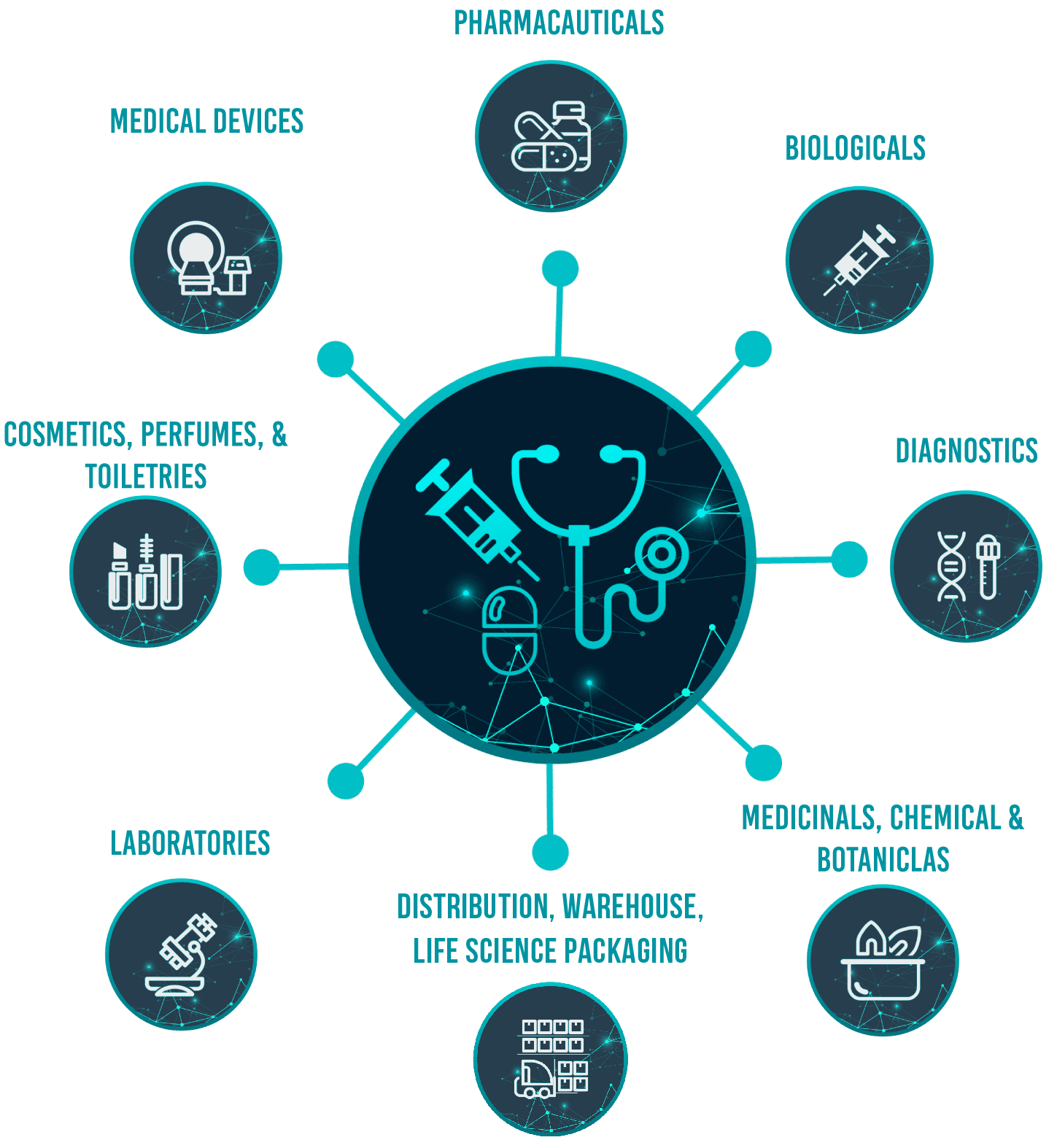 Life-sciences sectors infographic: pharmaceuticals, biologicals, diagnostics, medical devices, cosmetics, laboratories, distribution and warehouse