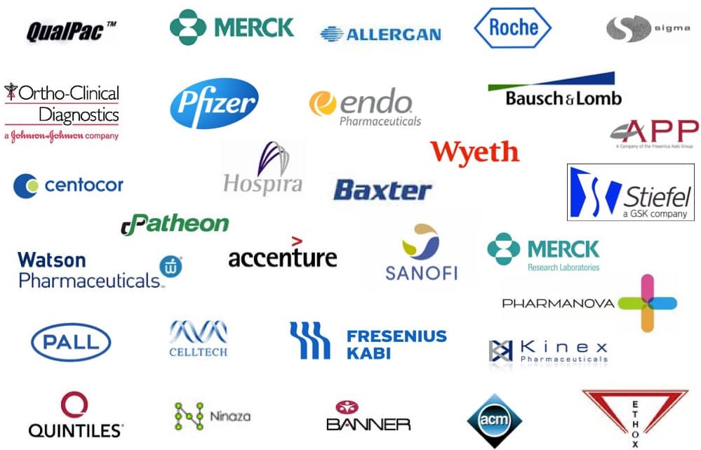 Client logo grid: QualPac, Merck, Allergan, Roche, Sigma, Ortho-Clinical Diagnostics (Johnson & Johnson), Pfizer, Endo Pharmaceuticals, Bausch & Lomb, APP, Wyeth, Centocor, Hospira, Baxter, Stiefel (GSK), Watson Pharmaceuticals, Patheon, Accenture, Sanofi, Merck Research Laboratories, Pharmanova, Pall, Celltech, Fresenius Kabi, Kinex Pharmaceuticals, Quintiles, Ninaza, Banner, ACM, Ethox