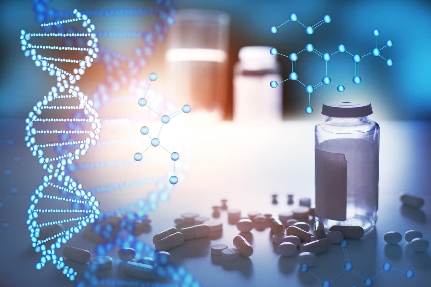 Pharmaceutical vials, pills, and DNA helix illustration on a lab bench