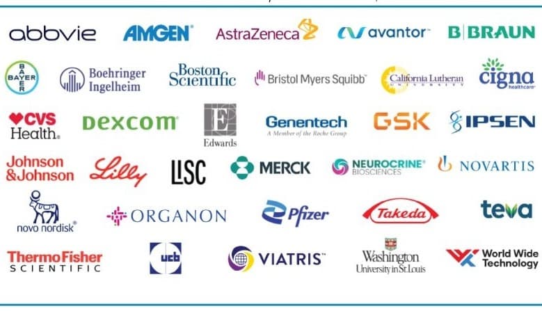 Client logo grid: AbbVie, Amgen, AstraZeneca, Avantor, B|Braun, Bayer, Boehringer Ingelheim, Boston Scientific, Bristol Myers Squibb, California Lutheran University, Cigna, CVS Health, Dexcom, Edwards, Genentech, GSK, Ipsen, Johnson & Johnson, Lilly, LISC, Merck, Neurocrine Biosciences, Novartis, Novo Nordisk, Organon, Pfizer, Takeda, Teva, ThermoFisher Scientific, UCB, Viatris, Washington University in St Louis, World Wide Technology